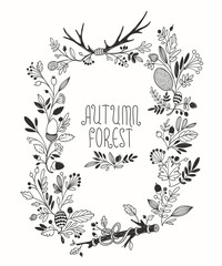 Doodle Floral Ornamental Frame with Decorative, Leaves Berries and Branches