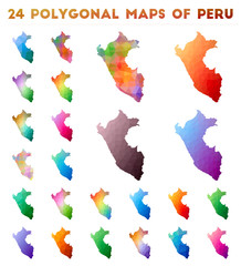 Set of vector polygonal maps of Peru. Bright gradient map of country in low poly style. Multicolored Peru map in geometric style for your infographics.