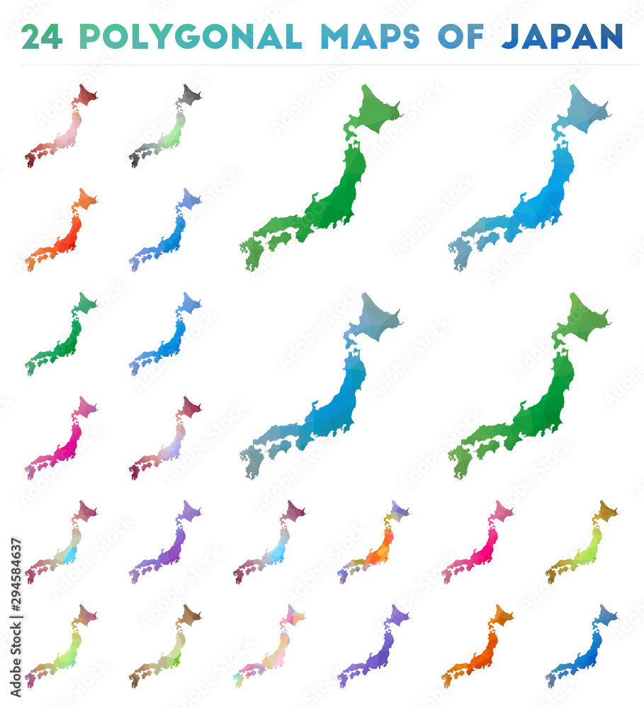 Poster set of vector polygonal maps of japan. bright gradient map of the country in low poly style. multico
