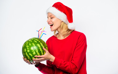 Ways to detox after christmas day. Girl wear santa hat drink watermelon cocktail straw white background. How detox after christmas. Winter detox concept. Woman enjoy detox drink. Health care concept