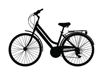 Bicycle vector silhouette isolated on white background. Family bike symbol. Retro vehicle. Electric bike for urban riding. Street delivery service.