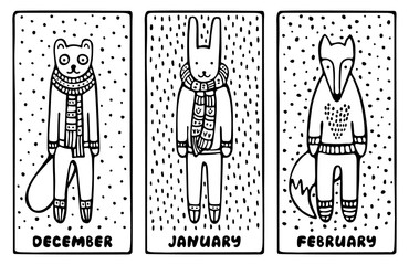 Set of cute doodle Christmas cards with a fox, a rabbit, and a ferret, wearing knitted scarfs and sweaters. Black and white hand-drawn vector illustration. 