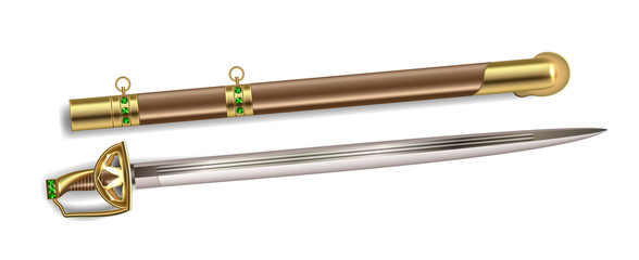 Fototapeta premium Beautiful Double-edged Straight Sword Jian Vector. Vintage Arm Blanche Saber Jian With Golden Handle And Green Stones. Antique Aggression Weapon With Metal Detail Template Realistic 3d Illustration