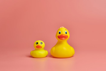 Two yellow rubber ducks toys, copy space. Cute funny bath toys, minimal kidult concept. Pink...