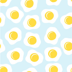 Vector morning breakfast seamless pattern with scrambled eggs. Cartoon illustration on blue background.