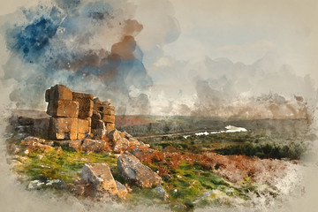 Digital watercolor painting of Stunning Autumn sunset landscape image of view from Leather Tor towards Burrator Reservoir in Dartmoor National Park © veneratio