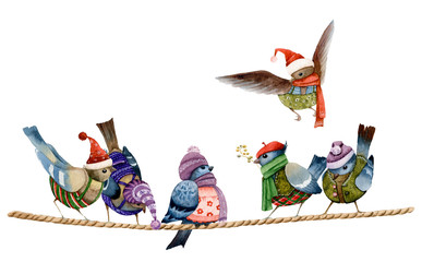  Funny Christmas cartoon dressed birds sitting on the rope in the winter time hand drawn in watercolor isolated on a white background.