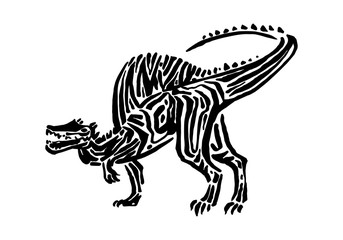 Fototapeta na wymiar Ancient extinct jurassic spinosaurus dinosaur vector illustration ink painted, hand drawn grunge prehistoric reptile, black isolated silhouette on white background