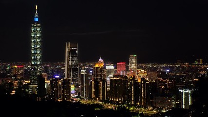 TAIPEI, TAIWAN - CIRCA AUGUST 2019 : Aerial view of sunrise cityscape of Taipei. View around shopping and business district at Xinyi area. Time lapse shot, night to morning.