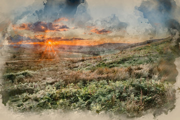Digital watercolor painting of Stunning landscape image of Stanage Edge during Summer sunset in Peak District Egland