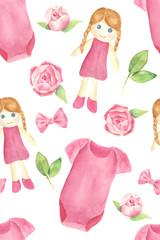 Seamless hand drawn  watercolor baby girl pattern. Dall, body, peony flowers and leaves on white background