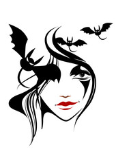 女性の顔、ハロウィン、こうもり、ヘアースタイル