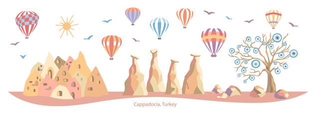 Cappadocia, Turkey. Colorful vector illustration of a famous Turkish travel destination. Evil eye tree, caves, stones, fairy chimneys, bright hot air balloons. Horizontal banner, card, poster design.  - obrazy, fototapety, plakaty