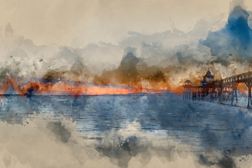 Digital watercolor painting of Beautiful sunset over ocean with pier silhouette