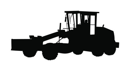 Motor grader. Road grader vector silhouette isolated on white. Earth 
moving machine. Leveling ground on construction site. Asphalt bulldozer 
truck. Hard worker driver on heavy industrial machine.