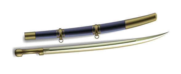 Fototapeta premium Cossack Saber With Fine Edge And Scabbard Vector. Beautiful Aged Arm Blanche Cossack Shashka With Sharp Blade And Case. Metal Aggression Military Weapon Sword Knife Template Realistic 3d Illustration
