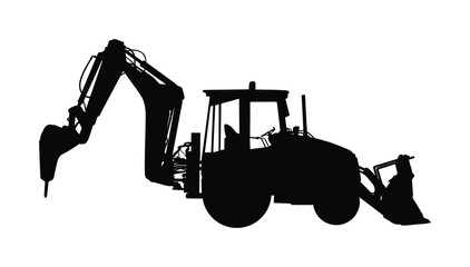 Big bulldozer loader vector silhouette isolated on white background. Dusty digger silhouette illustration. Excavator dozer for land. Under construction. Building machine bager. Motor grader isolated. - obrazy, fototapety, plakaty