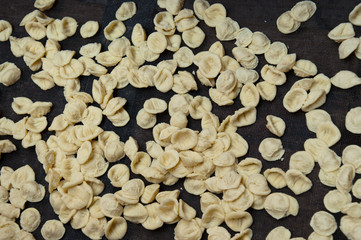 Handmade Orecchiette baresi. Typical fresh pasta from Puglia, Italy.