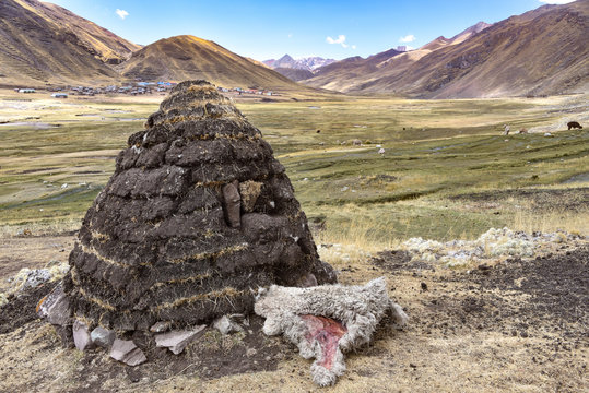 A dirt mound used for drying llama and alpaca waste for use as fuel and fertilizer in the high Andes. Ausungate, Cusco, Peru