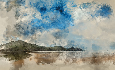 Digital watercolor painting of Beautiful Summer sunrise landscape over yellow sandy beach