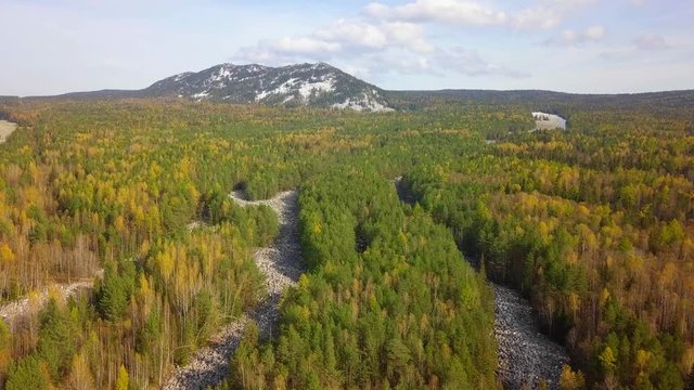 Taganay National Park in Russia in Autumn. Aerial View of "Big Stone River", Biggest Deposit Occurrence of Aventurine Quartz