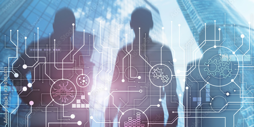 Poster electronic circuit board processor and gears on abstract business background.