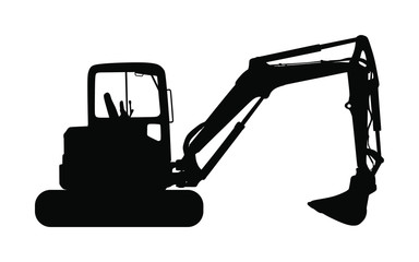 Big bulldozer loader vector silhouette isolated on white background. Dusty digger silhouette illustration. Excavator dozer for land. Under construction. Building machine bager. Motor grader isolated.