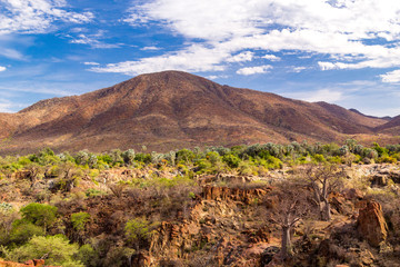 View over Kunene region with palm trees and baobab trees to Angola, Africa