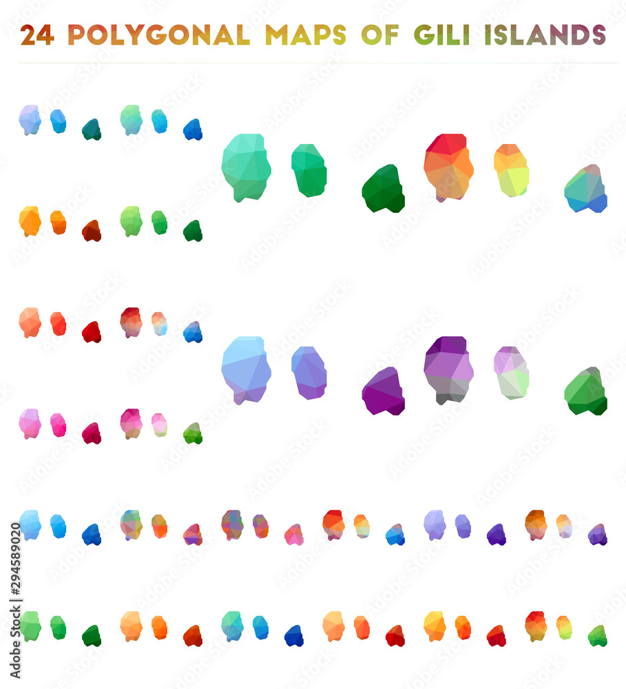 Aufkleber set of vector polygonal maps of gili islands. bright gradient map of islands in low poly style. mult