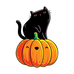 Kawaii black kitten sitting on a pumpkin. Design for print (t-shirt, poster, greeting card, sticker). Hand drawn vector illustration. Isolated on white background.