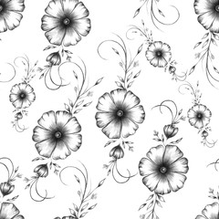 pattern with pencil drawn flowers, monochrom flowers isolated on white, composition with floral elements
