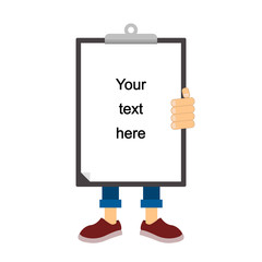 Clipboard for the text that is in the hands. Man holds clipboard. Flat style. Vector illustration