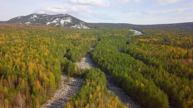 Taganay National Park in Russia in Autumn. Aerial View of "Big Stone River", Biggest Deposit Occurrence of Aventurine Quartz