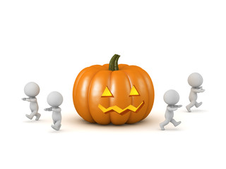 Scared 3D Characters Running Away from a Carved Halloween Jack-O-Lantern Pumpkin
