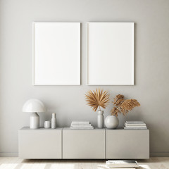 mock up poster frame in modern monochrome interior background, living room, Scandinavian style, 3D render, 3D illustration