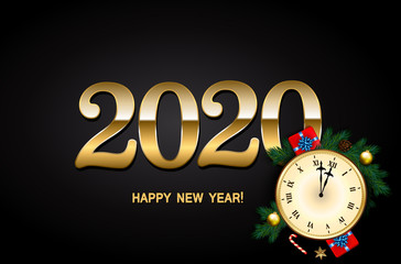 Fototapeta na wymiar 2020 New Year Background with clock, gift box, candy cane, pine branches decorated, gold stars and bubbles on black. Vector illustration