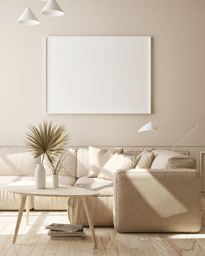mock up poster frame in modern monochrome interior background, living room, Scandinavian style, 3D render, 3D illustration