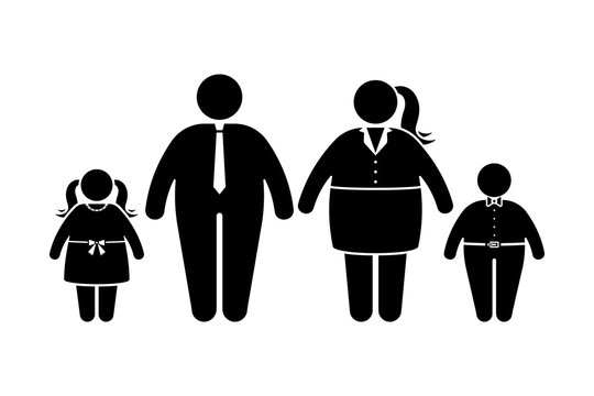 Fat family stick figure vector icon set. Obese people, children couple black and white flat style pictogram on white background