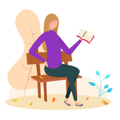 Cartoon woman in warm clothes sit on bench and read book. Beautiful outdoor autumn seasonal composition. Modern flat vector illustration.