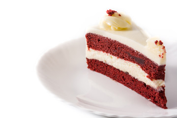 Red velvet cake slice isolated on white background. Copy space
