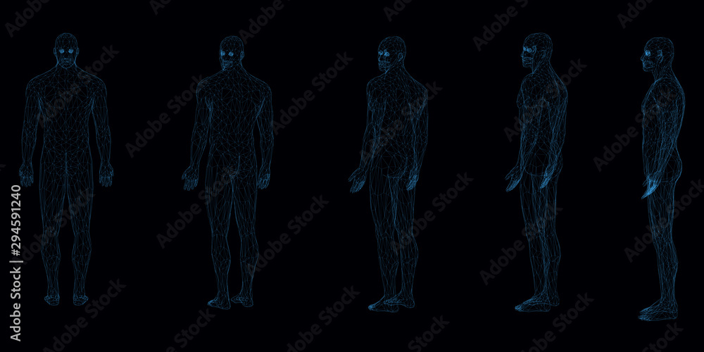 Poster set with skeleton of a human body turning sequentially. back view. polygonal man from blue lines on 
