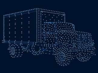 Outline of a truck of blue lines on a dark background. Truck with lots of glowing lights. Perspective view. Vector illustration.