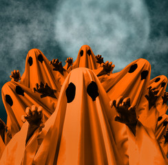 Halloween contemporary collage of many orange ghosts in front of full moon.