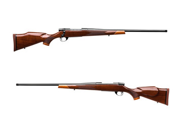 Modern luxury bolt-action carbine with a wooden varnished butt. Expensive hunting rifle isolate on...