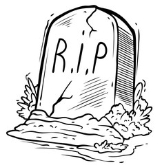 Cartoon graphic black and white tomb gravestone with grass and R.I.P text. Isolated on white background. Halloween vector icon.