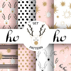 Creative Hand Drawn textures. Set of vector seamless patterns. For Christmas, wedding, birthday, anniversary, Valentine's day, party invitations. Gold and Pink. Snow. Chevron. Deer.