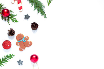 Christmas or New Year concept frame  with ginger cookies and festive decor. Copy space