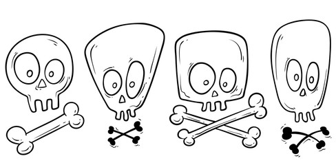 Cartoon graphic hand drawn black and white funny human skull with crossed bones. Isolated on white background. Halloween vector icon. Vol. 6