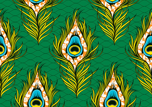 Peacock's tail seamless pattern, african fashion ornament in vibrant colours., picture art and abstract background, vector illustration file EPS10. 