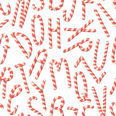 Cartoon vector illustration Christmas Candy Cane. Hand drawn seamless pattern with font. Actual Creative Holidays sweet alphabet